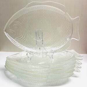 Pair of Vintage Fish Clear Glass Textured Plates USA